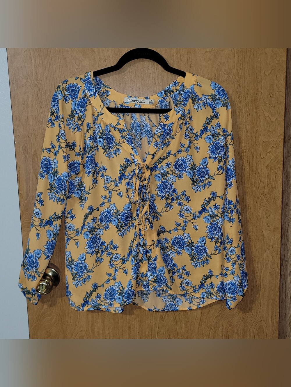 Liberty Love Mustard Yellow Blouse with Blue Floral Tie-Front